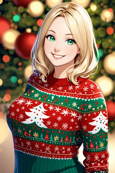 beautiful woman, medium-length blonde hair with blue highlights, wearing a christmas-themed sweater smiling, green eyes, curvy body