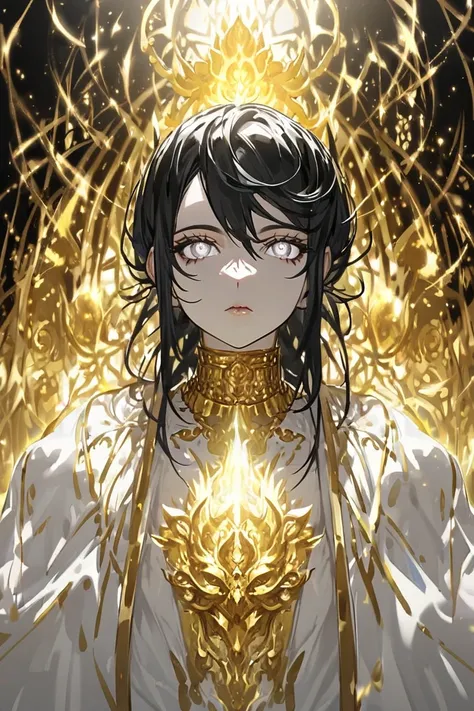 buda, high, delgado, androgynous, completely white eyes, wears a white robe, She has a golden choker ,  shoulder-length black hair, golden aura, Enlightened
