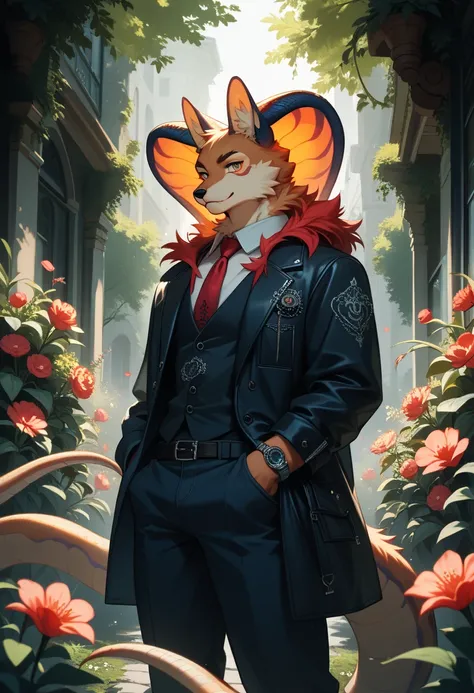 (best quality, high resolution, ultra-detailed)silhouett(kemono, furry anthro)holding striking pocket watch, surrounded by flowers, snakes and darkness, illustrative rendering, intricate details, mysterious atmosphere, vibrant colors, dynamic lighting , Go...