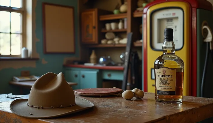 old gas station on the counter there is a cowboy hat, a bottle of whiskey, next to the wall there is an empty cork board