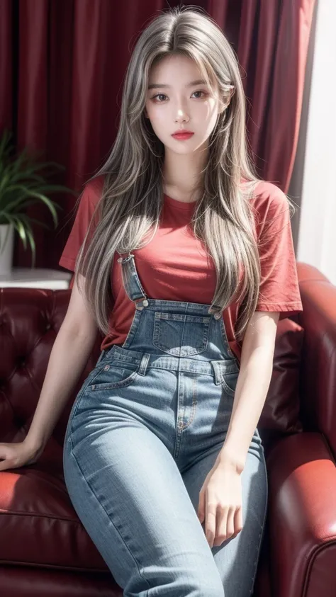 + Masterpiece ,  of the best quality, Very detailed,Wear a red T-shirt, Long Legged Jeans, Beautiful face, , precious details, (Long, silvery hair with a smooth, smooth weight),  perfect face , overalls, Sitting, Clas Up, Luxury sofa