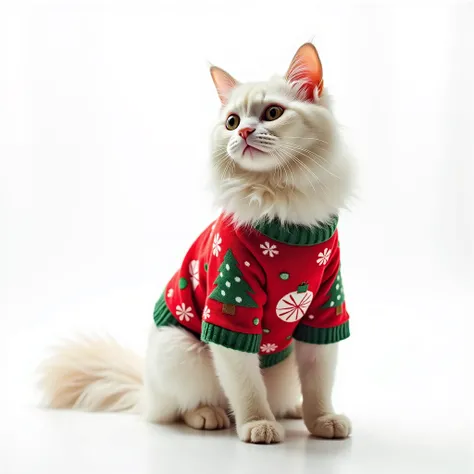 ((Christmas pattern white cat Clothes:1.4)), BREAK ((((best quality)))),((((high resolution)))),from side, ((white background:1.4)),((Top Light)),