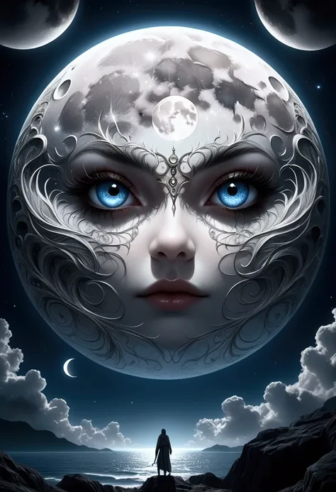 A detailed fantasy drawing of a full moon with many eyes, intricate celestial patterns, and a mystical, dream-like atmosphere, (best quality,4k,8k,highres,masterpiece:1.2),ultra-detailed,(realistic,photorealistic,photo-realistic:1.37),detailed fantasy moon...