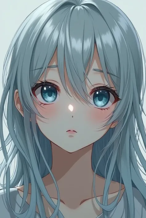 (Japanese anime ) Young woman with silver hair , deep blue eyes ,Smp msm character ,Mans expression of pain