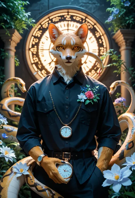 (best quality, high resolution, ultra-detailed)silhouett(kemono, furry anthro)holding striking pocket watch, surrounded by flowers, snakes and darkness, illustrative rendering, intricate details, mysterious atmosphere, vibrant colors, dynamic lighting , Go...