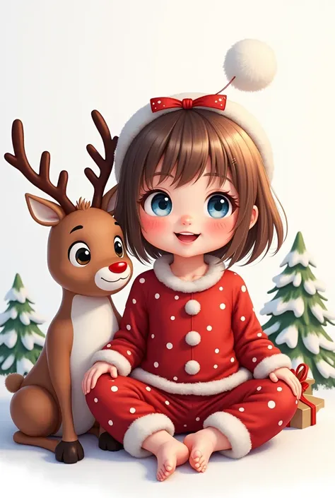 Create an image of a baby girl with brown hair, blue eyes/gray.  
La petite fille sera joyeuse, vetu d’un petit pyjame de noël. 
Elle sera assise a cote des rennes du pere noel. 
decor de noel. 
white background.  