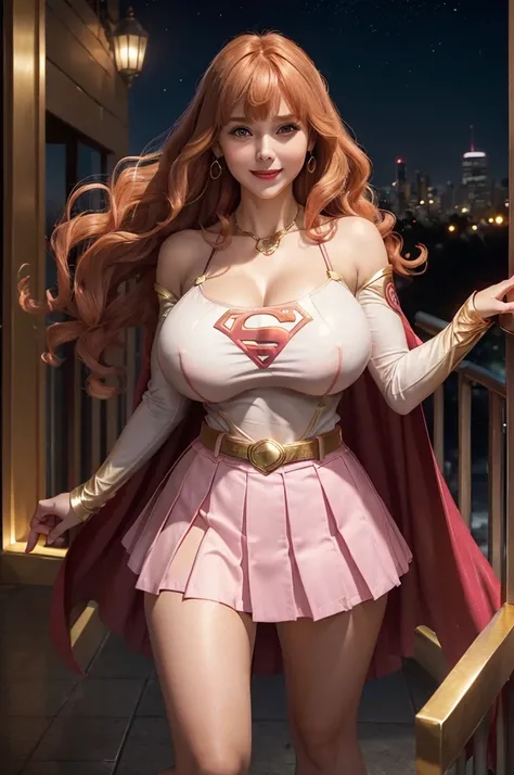 ((1 girl)), Supergirl, 28 years old, full body view, full body view, full body view, Beautiful woman shoulder length curly strawberry blonde hair, two side up with bangs, ringlets, shoulder length curly strawberry blonde hair with bangs, two side up, ringl...