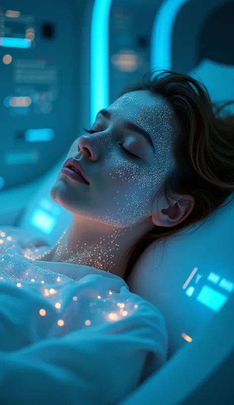 "A cinematic close-up of a sleeper in a futuristic pod, with neural pathways glowing like constellations, as affirmations flow into their subconscious through shimmering holographic waves."