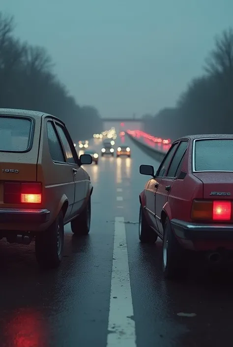 Realistic photo: Opel Astra H and Ford Focus MK1 staying on emergency lane on expressway because the electronics died