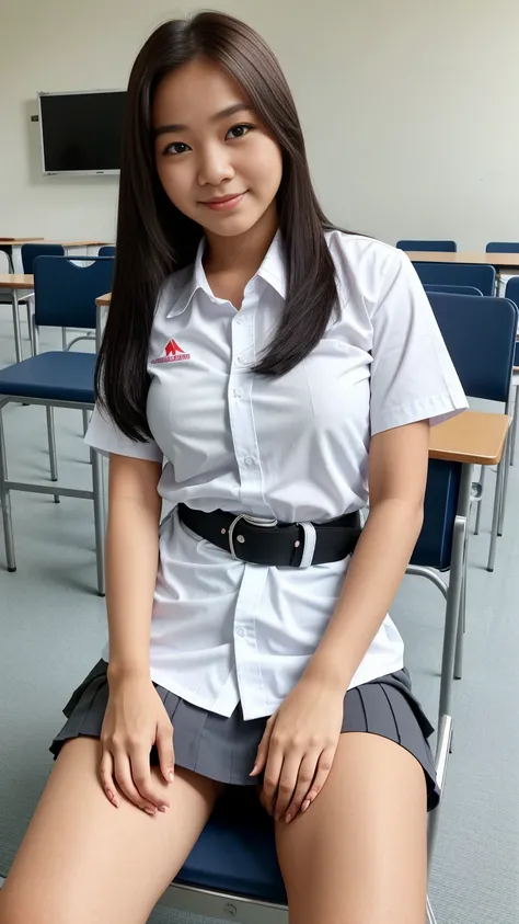 ((Best quality, Masterpiece, 8K)),  Indonesian girl. Wear Indonesian high . White shirt, gray skirt. Black belt. Beauty,  half layered hair. Sitting on the chair of classroom, flirty pose. Open legs apart. Smile. Full body. White panties. Visible panties. ...