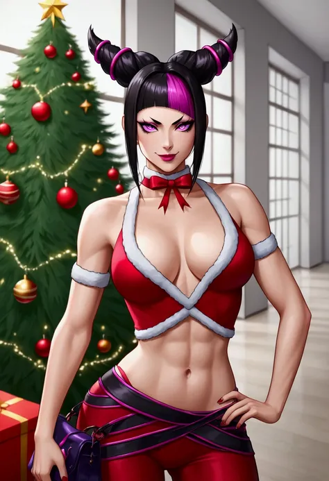 1girl, BREAK Juri Han, black hair, hair horns, multicolored hair,streaked hair, makeup, lipstick, purple eyes, (detailed eyes), (meduim breasts:0.8), beautiful detailed eyes, sexy face, wearing a Slutty Santa clauses outfit, exposed midriff, cleavage, midr...