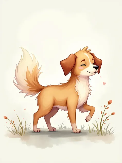 Cartoon dog, fantasy, whimsical, ethereal lighting, watercolor paint, three-quarter view, serene expression, flowing fur, walking pose.