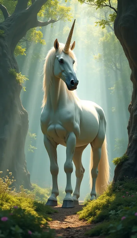 Make a giant and colossal unicorn in an enchanted forest, realistic