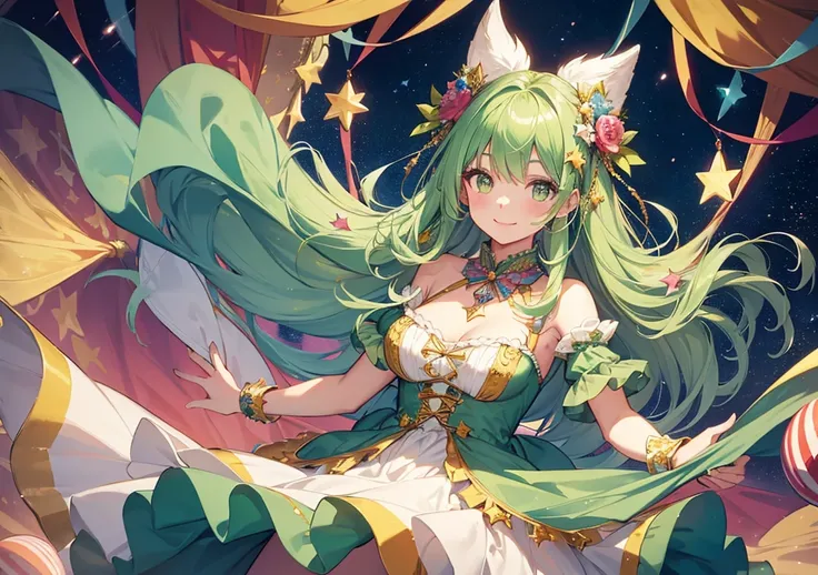 A beautiful girl smiling in a colorful tent on a glamorous circus stage. Her face has delicate, soft lines, sparkling green eyes, and her hair is decorated with ribbons and stars. Her fluffy dress is depicted with a sense of movement