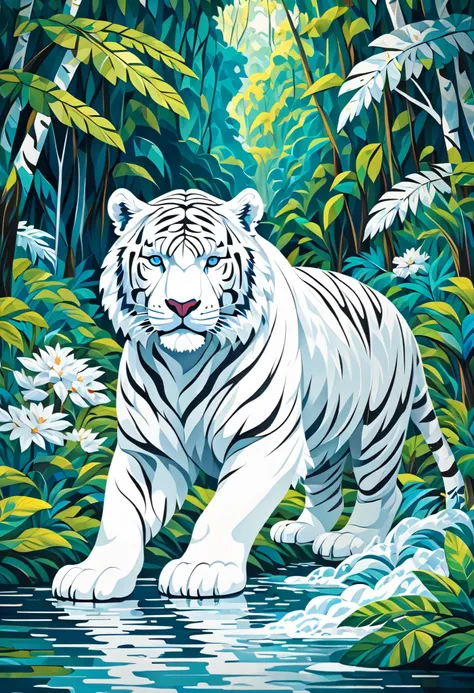 Create an image of a white tiger when 
Side of a polar bear in a jungle with a river flowing 