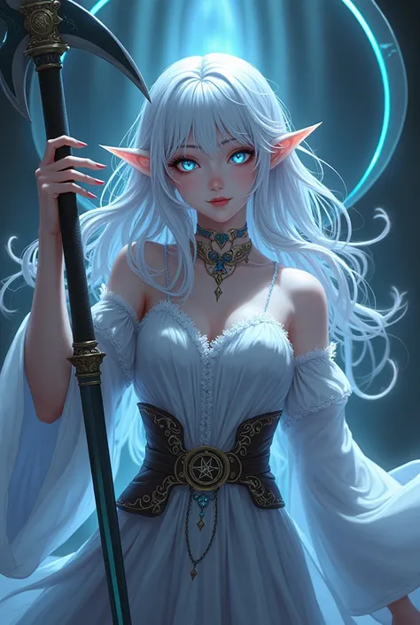 anime girl with a scythe and a sword in a dark room, a character portrait inspired by Li Chevalier, pixiv, fantasy art, white haired deity, portrait of a female mage, she 