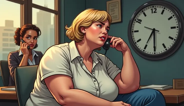 A slightly overweight adult woman with short blond hair (brown ) sitting against the window,  behind her is a large black wall clock in the upper right corner. At 1 p.m. .  A woman is sitting at her desk in the office talking on the phone.  Image style - M...