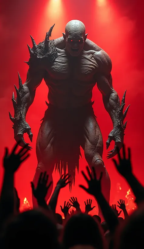 In the center of a stage illuminated by lights in shades of red and black, a monstrous and grotesque figure appears, presented in full body. The 40-year-old man transforms into a colossal abomination with skin covered in black scars that look like burning ...