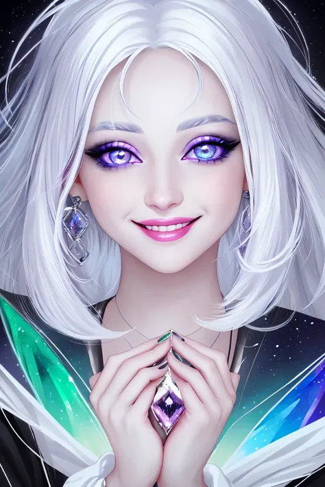 A woman with prismatic eyes, full lips and glowing white hair, smiling slightly while looking at the viewer