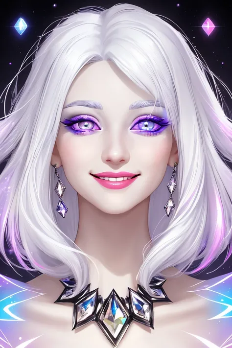 A woman with prismatic eyes, full lips and glowing white hair, smiling slightly while looking at the viewer