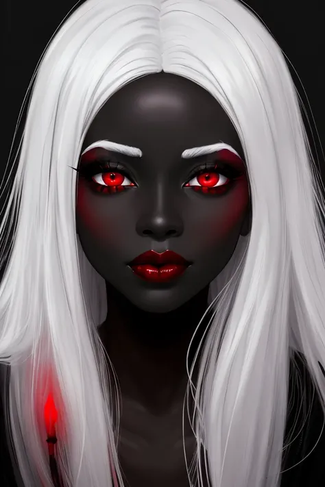 A woman with soot black skin, crimson eyes, full red lips and glowing white hair