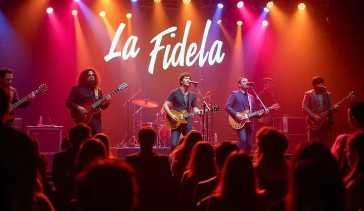  A band called La Fidela playing on a vibrant stage , with warm lights,  the vocalist singing hard and the guitarist in an electrifying solo, while the audience sings .