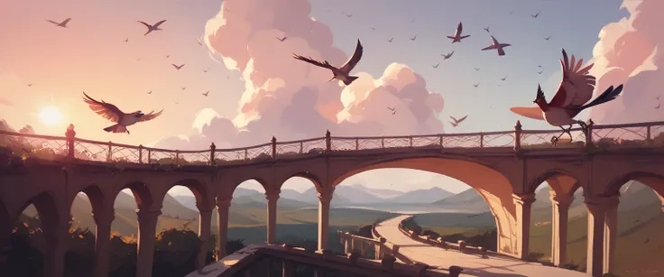 A depressed girl walking on bridge, side view, sky background, birds are flying, sun set, ultra detail, masterpiece