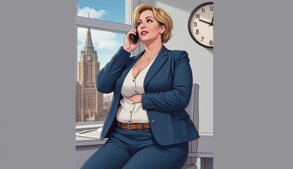  An adult fat woman with short blond hair (brown )  is sitting at a table in front of a window ,  behind her is a large black wall clock in the upper right corner. At 1 p.m. . You can see skyscrapers from Moscow outside the window , LIGHT.  A woman is sitt...