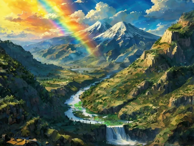 "A peaceful scene depicting Noah’s Ark resting on the mountains of Ararat as the floodwaters slowly recede. The sky is clearing, with a radiant rainbow arching over the landscape, symbolizing Gods promise. In the foreground, a dove is seen flying back to t...