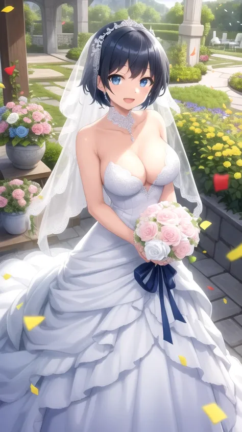 masterpiece, best quality, high quality, girl, solo, looking at viewer, touya_mochizuki, black hair, blue hair, large breasts, wedding Dress, standing, garden, confetti, holding bouquet, smile, open mouth,