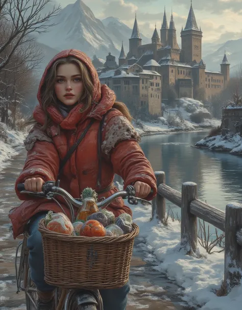 A beautiful young woman, detailed face, detailed eyes, wearing a red hooded jacket, riding a city bicycle with front basket full of groceries along a bike track on a river bank near woods with breath taking winter view, with medieval building heritage in a...