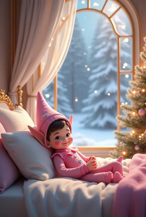 Little pink elf in a white canopy bed with golden star 
Window with winter landscape 
Christmas tree 
