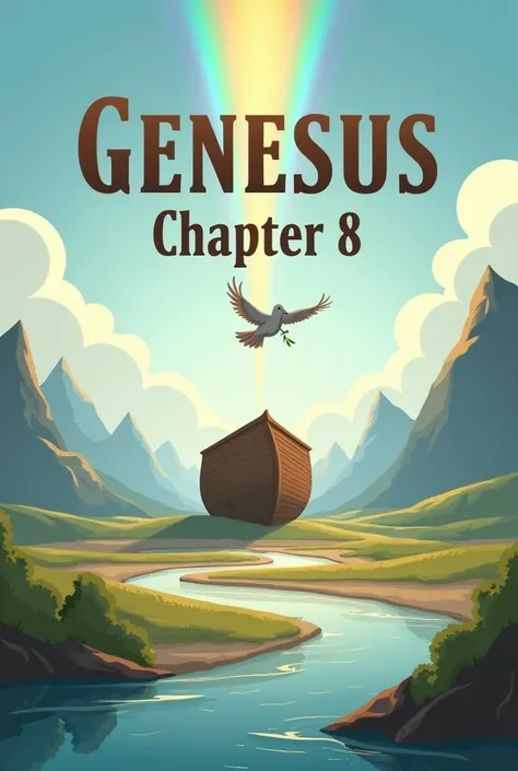 "A peaceful scene depicting Noah’s Ark resting on the mountains of Ararat as the floodwaters slowly recede. The sky is clearing, with a radiant rainbow arching over the landscape, symbolizing Gods promise. In the foreground, a dove is seen flying back to t...