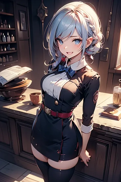 (from above:1.2,Best Quality),a girl , platinum color hair、(from above:1.2,Best Quality),a girl , platinum color hair、bartender uniform,Purplish blue eyes that dreamers desire, small stature, medium , Lori face, (masutepiece:1.2, Best Quality), (finely det...