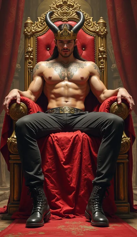 
Create an image of Asmodeus, the demon of lust and sexual pleasure, depicted as a muscular and regal king in the realm of lust. He sits on a throne adorned with erotic symbols and sensual motifs, surrounded by a decadent and opulent atmosphere. His appear...