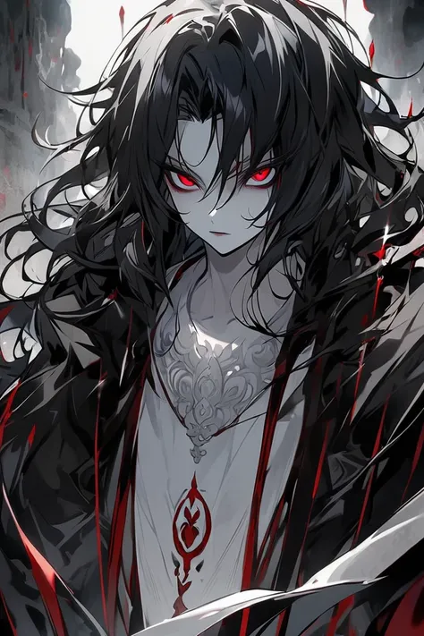 buda, high, strong,  long black hair , red eyes, sinister look,  beautiful, androgynous, pale skin, He has a white robe.