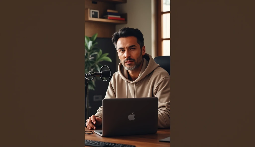  A handsome 40-year-old man sitting in front of a computer desk with a microphone and a laptop looking at the camera . Hes wearing a hoodie and has black hair on a youtuber theme background 4k 