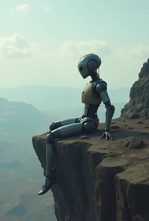 Un robot éteint assis sur le bord dune falaise regarde lhorizon . Il a une empreinte de clé sur le torse.