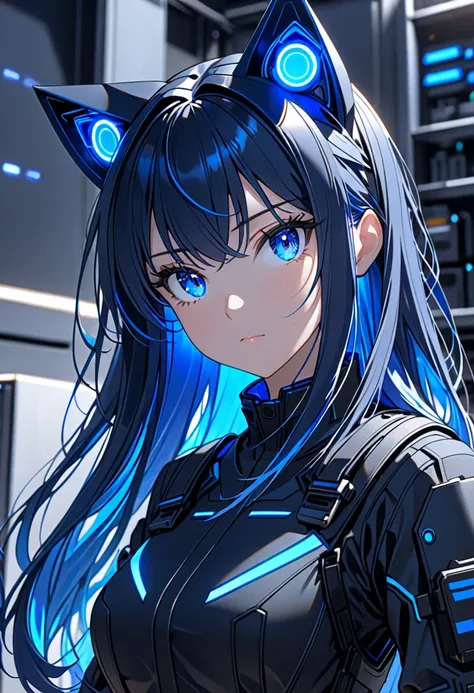 8K Ultra High-Quality, ultra-detailed, High quality, dark blue hair, Blue inner layer hair, glowing blue eyes, long hair, Cat ears, gloves, Black Tactical clothes, solderless suit, close up, side view, looking away from viewer, office background