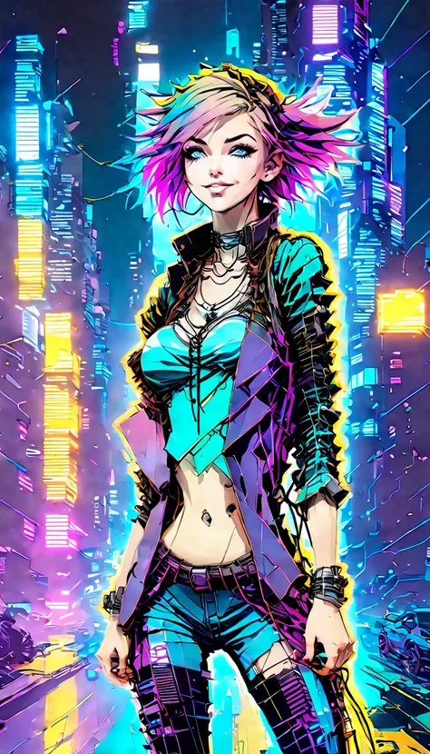 color vector anime pen and ink  by Olivia de Berardinis, sakimichan, UHD, Full body Pinup of a beautiful emo  chibi anime  girl, standing in a Neon cyberpunk city, big breasts, Emo clothing, double exposure UHD, perfect composition, intricate insanely deta...