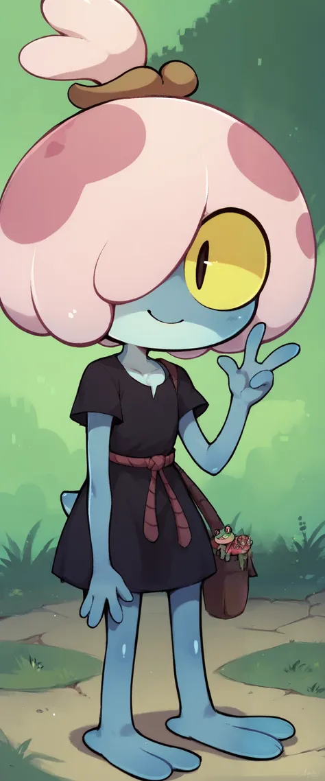 score_9, score_8_up, score_7_up, 1girl, solo, m4ddi3fl0ur, frog girl, pink hair, hair over one eye, topknot, slit pupils, yellow sclera, blue skin with light blue chest, frog tail, four fingers, short body, tiny body, ((black dress, bottomless)), sassy exp...