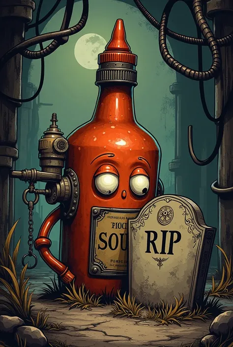 Dessin sauce hot  avec une tombe écrit RIP dessus. Style steampunk 