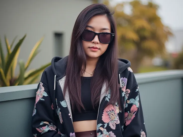 A young thai woman poses outside, exuding elegance and confidence  , She is wearing rockstar clothes sexy body and sunglasses,intricate cartoon patterns but no bra. she Her, dark long hair hair flows over introspective expression, creating a relaxed yet gr...