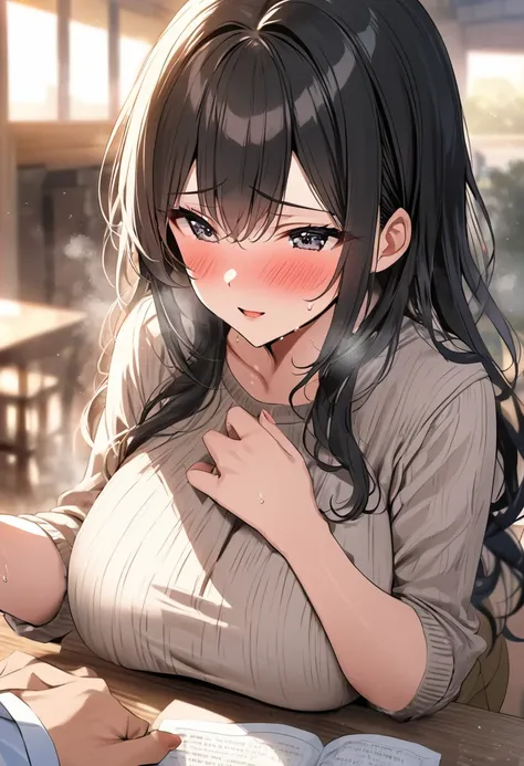 (( top quality)), (( masterpiece  )), ( Details), ( 1 Anime Girl ),  sexy, ( black hair), Bust 9０CMs Big Breasts Married Woman ,  young woman, A married woman who was at the height of pleasure , ( woman in casual fashion), Put your hands on the table, stea...