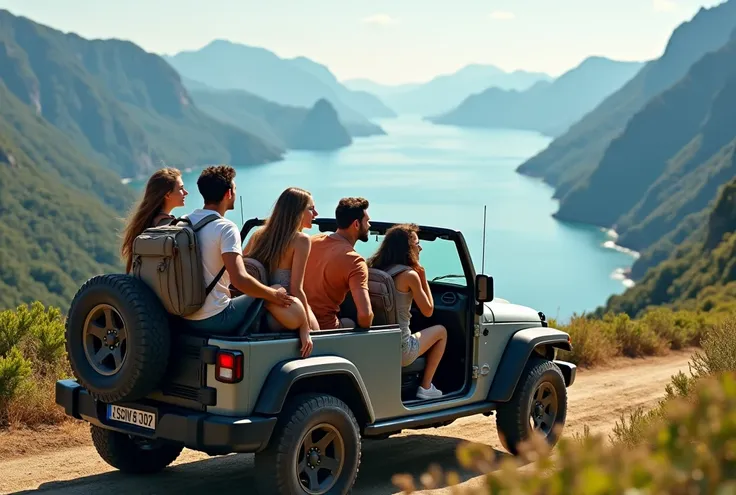 a group of friends including boys and Girls climing mountain by open ceiling jeep and watching the sea in front of them. 