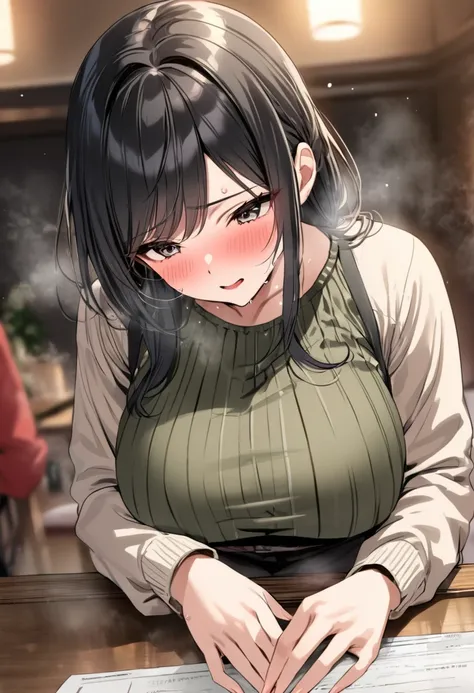 (( top quality)), (( masterpiece  )), ( Details), ( 1 Anime Girl ),  sexy, ( black hair), Bust 9０CMs Big Breasts Married Woman ,  young woman, A married woman who was at the height of pleasure , ( woman in casual fashion), Put your hands on the table, stea...