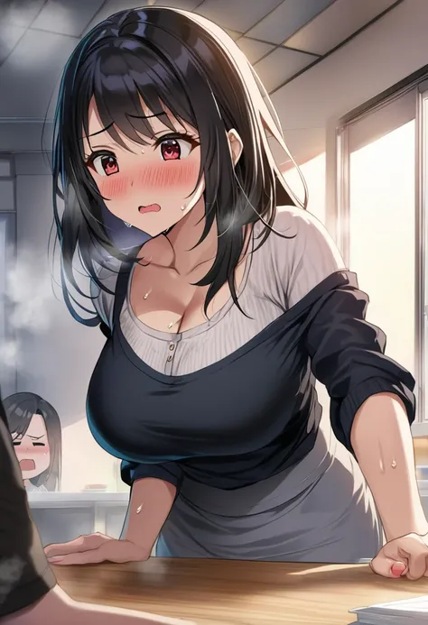 (( top quality)), (( masterpiece  )), ( Details), ( 1 Anime Girl ),  sexy, ( black hair), Bust 9０CMs Big Breasts Married Woman ,  young woman, (((A married woman who was at the height of pleasure ))), ( woman in casual fashion), Put your hands on the table...