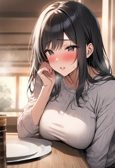 (( top quality)), (( masterpiece  )), ( Details), ( 1 Anime Girl ),  sexy, ( black hair), Bust 9０CMs Big Breasts Married Woman ,  young woman, A married woman who was at the height of pleasure , ( woman in casual fashion), Put your hands on the table, stea...