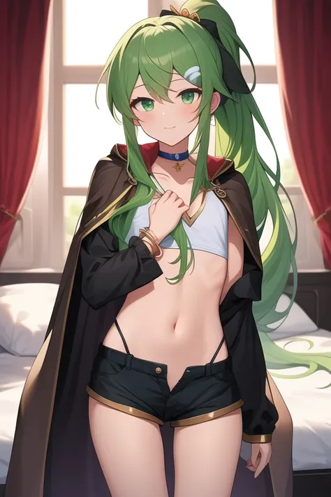 (( top quality)), ((  masterpiece  )), (  Details)
  Wind Spirit Master Win、green eyes、(((green long hair)))、ponytail、choker、brown Cape、Jewel、anklet、BLACK shorts、White shirt、Thighs
(((flat chest)))
bedroom
bed