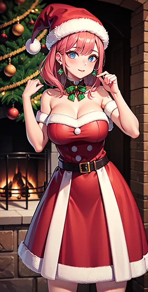  high definition ,  best quality ,  high detail ,  high quality ,  Ultra high definition ,  girl , pink hair ,  straight hair , Breasts, earrings,  blue eyes , makeup, Light blush, scarlet lips,  Cowboy shooting, Christmas hat , santa claus costume,  Chris...